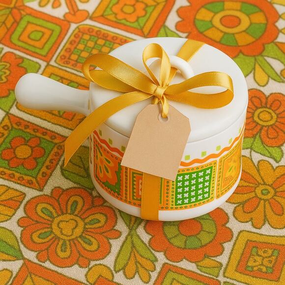 Vintage 1970s Avon Milk Glass Jar Unopened Candle Orange Green Yellow Mod Design - Picture 2 of 12